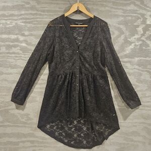 Boston Proper SZ L Black Floral Lace Long Sleeve V-Neck HI-Lo Hem Duster